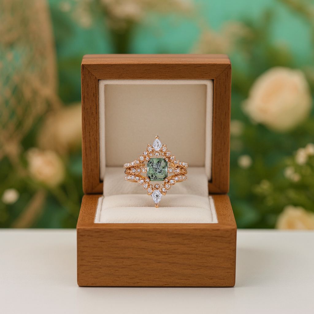 Ring with green gemstone in a wooden box against a blurred floral background