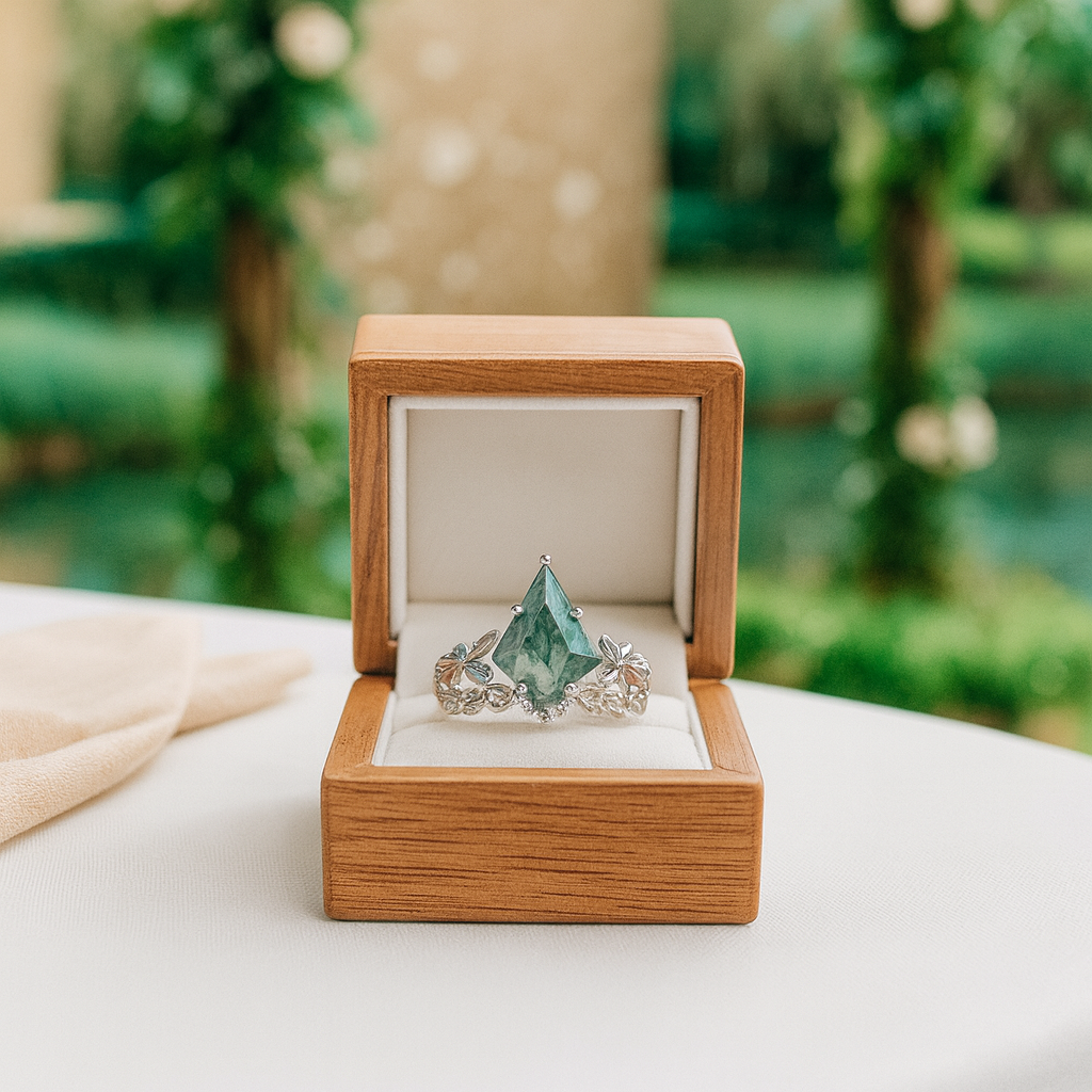 Ring with green gemstone in a wooden box against a blurred natural background