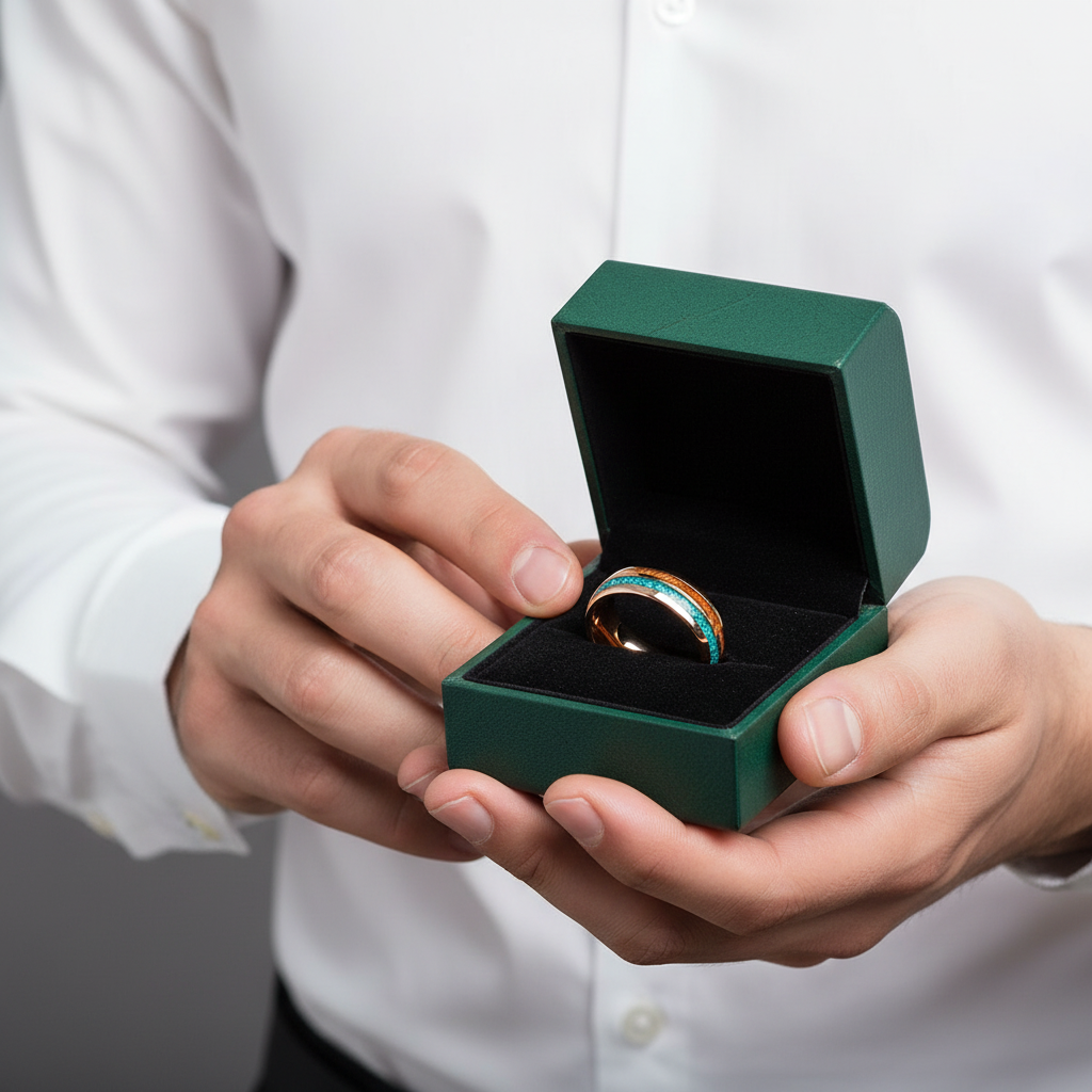 Rose Gold Tungsten Men's Wedding Band with Wood & Turquoise Inlay - Evani Naomi Jewelry