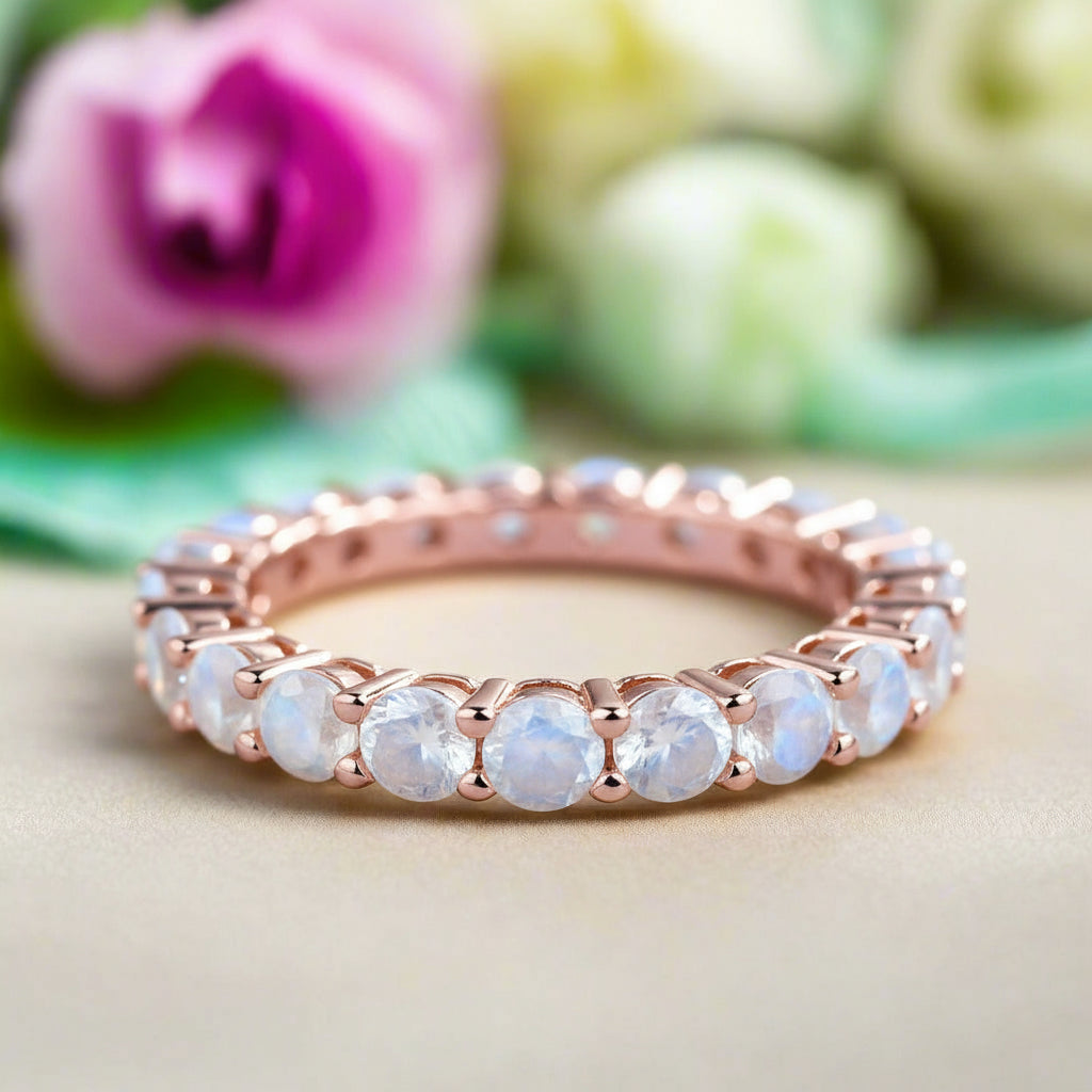 Round Cut Full Eternity Rose Gold Stackable Wedding Band-Evani Naomi Jewelry