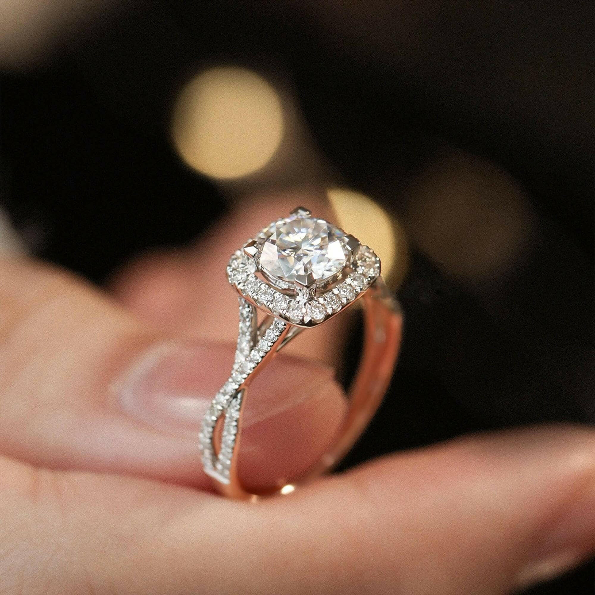 Round Cut Halo Diamond Twist Engagement Ring-Evani Naomi Jewelry