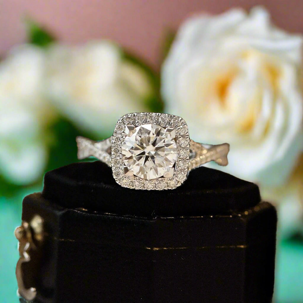 Round Cut Halo Diamond Twist Engagement Ring-Evani Naomi Jewelry