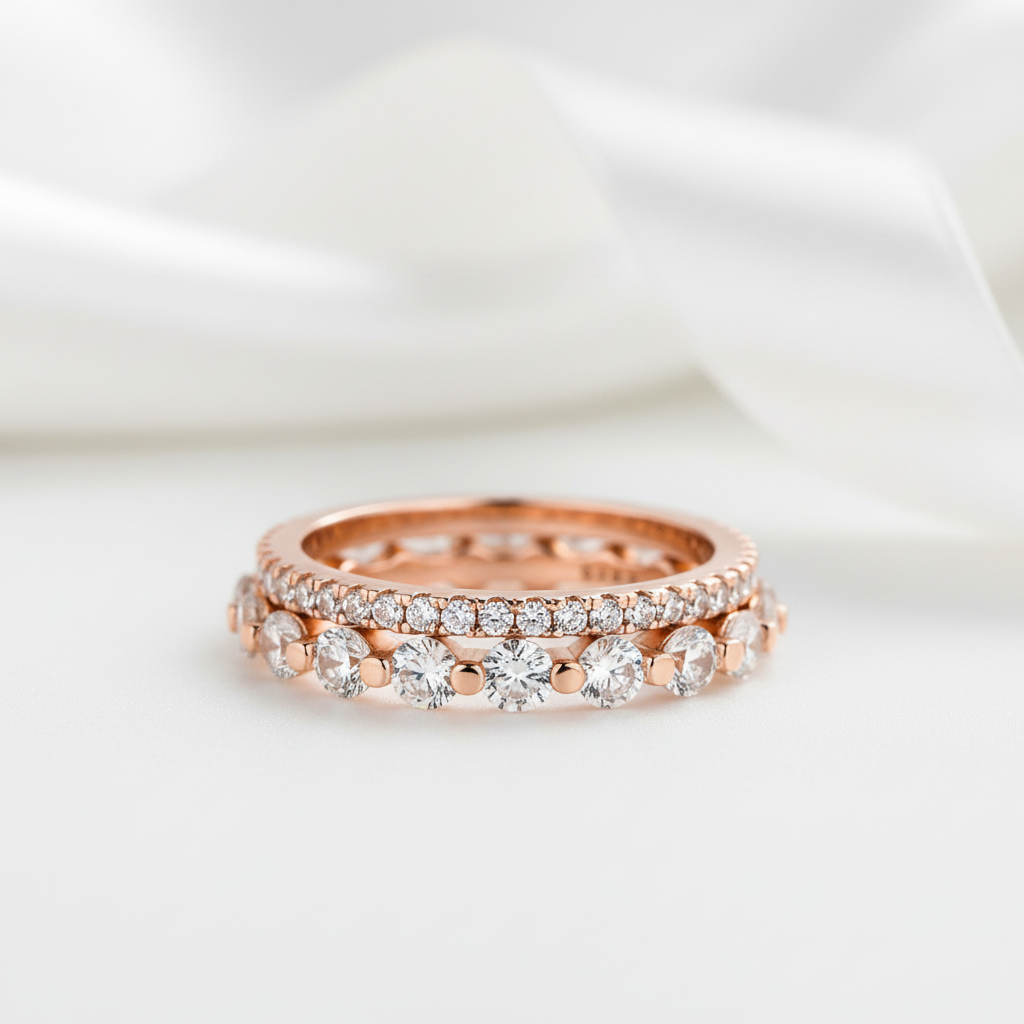 Round Stackable Rose Gold Wedding Band Set - Evani Naomi Jewelry