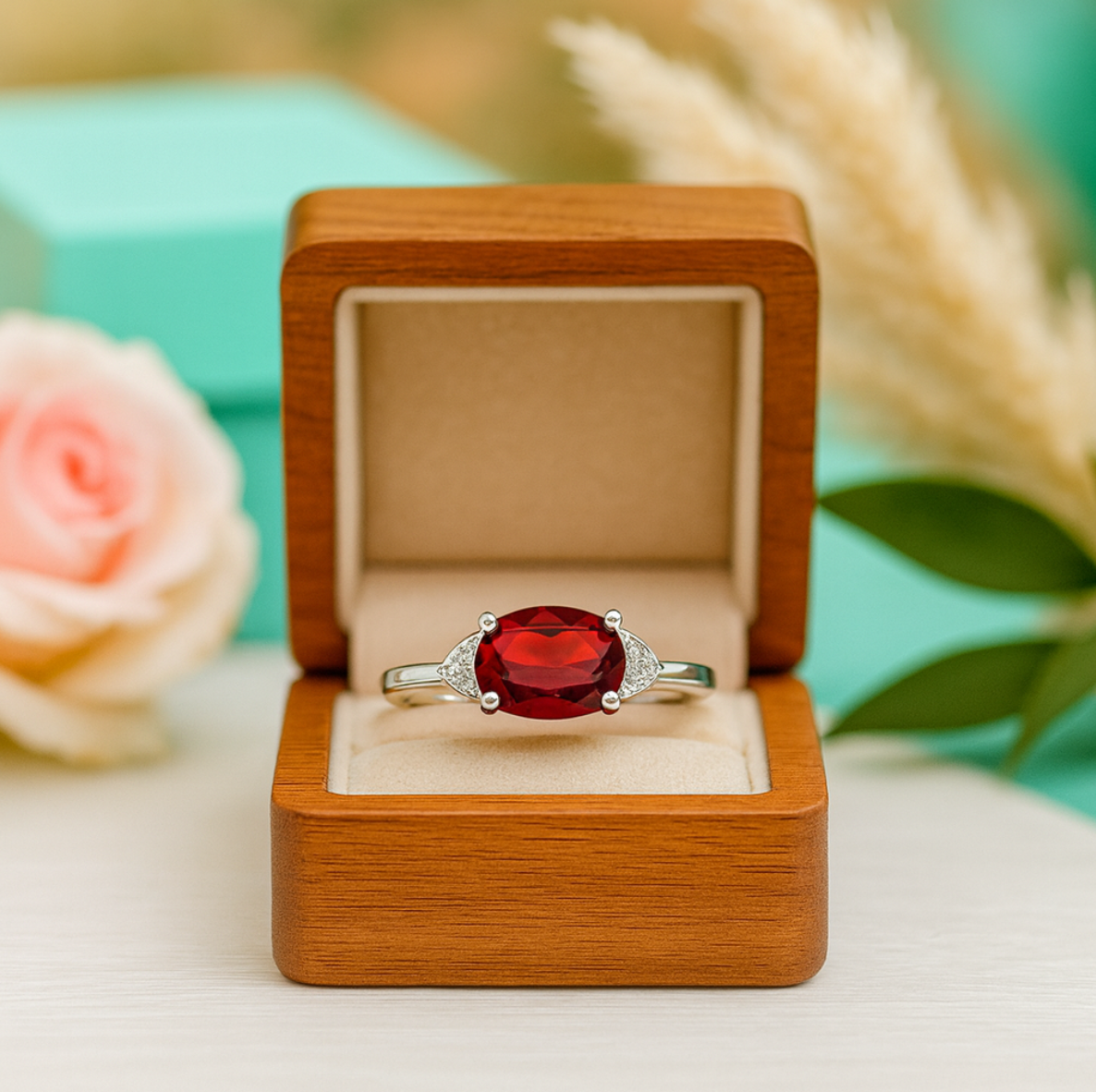Oval Cut Lab Ruby Birthstone Vintage Engagement Rings - Evani Naomi Jewelry