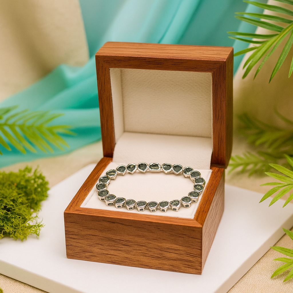 Silver bracelet in a wooden jewelry box with greenery in the background