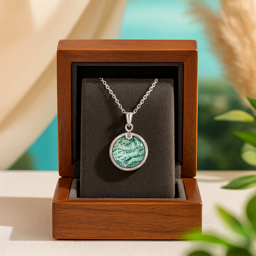 Silver necklace with a green pendant in a wooden box