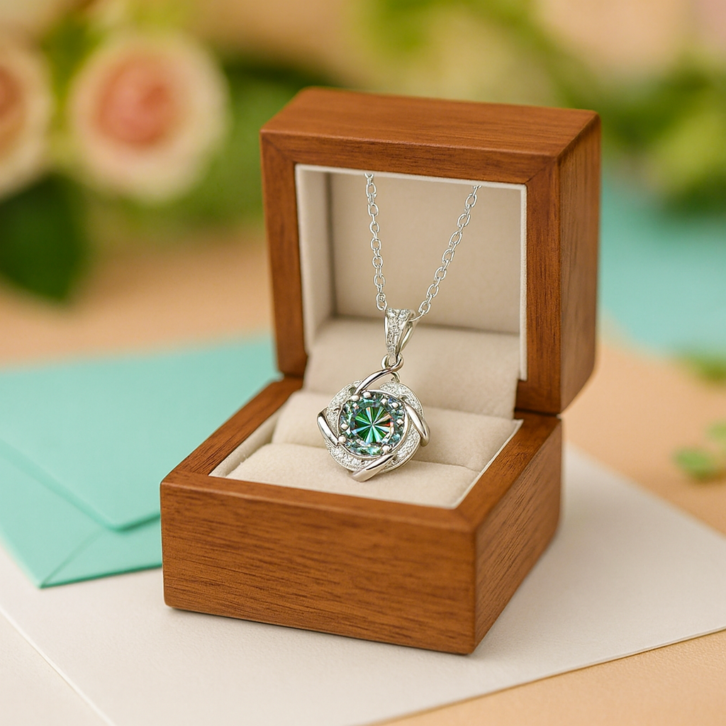 Silver necklace with a green pendant in an open wooden jewelry box on a light surface.
