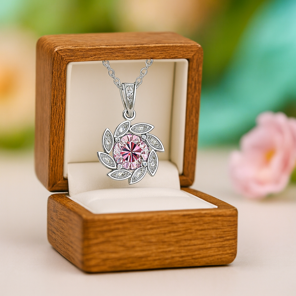 Silver necklace with a pink gemstone in a wooden box