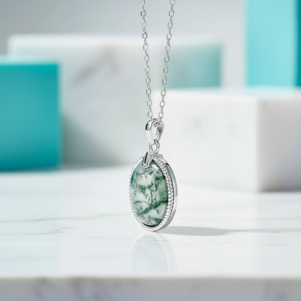 Ethereal Bond- Unique Moss Agate Round Pendant Necklace-Evani Jewelry