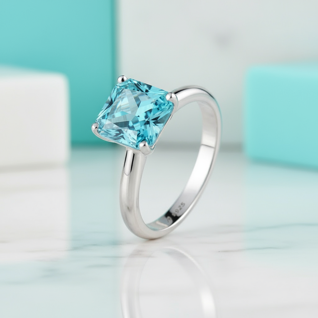 3.0 Ct Princess Cut Aquamarine Classic Solitaire Engagement Ring-Evani Jewelry
