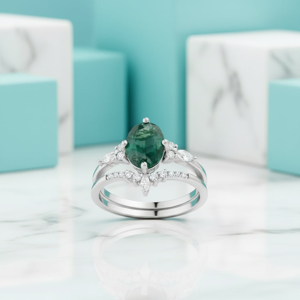 Woven Love- Kite Cut Natural Unique Moss Agate Ring in White Gold-Evani Jewelry