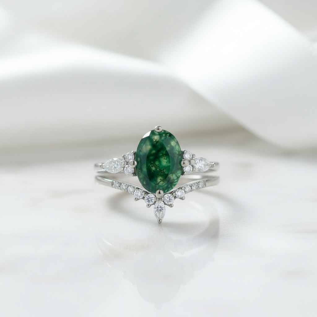 Woven Love- Kite Cut Natural Unique Moss Agate Ring in White Gold - Evani Naomi Jewelry