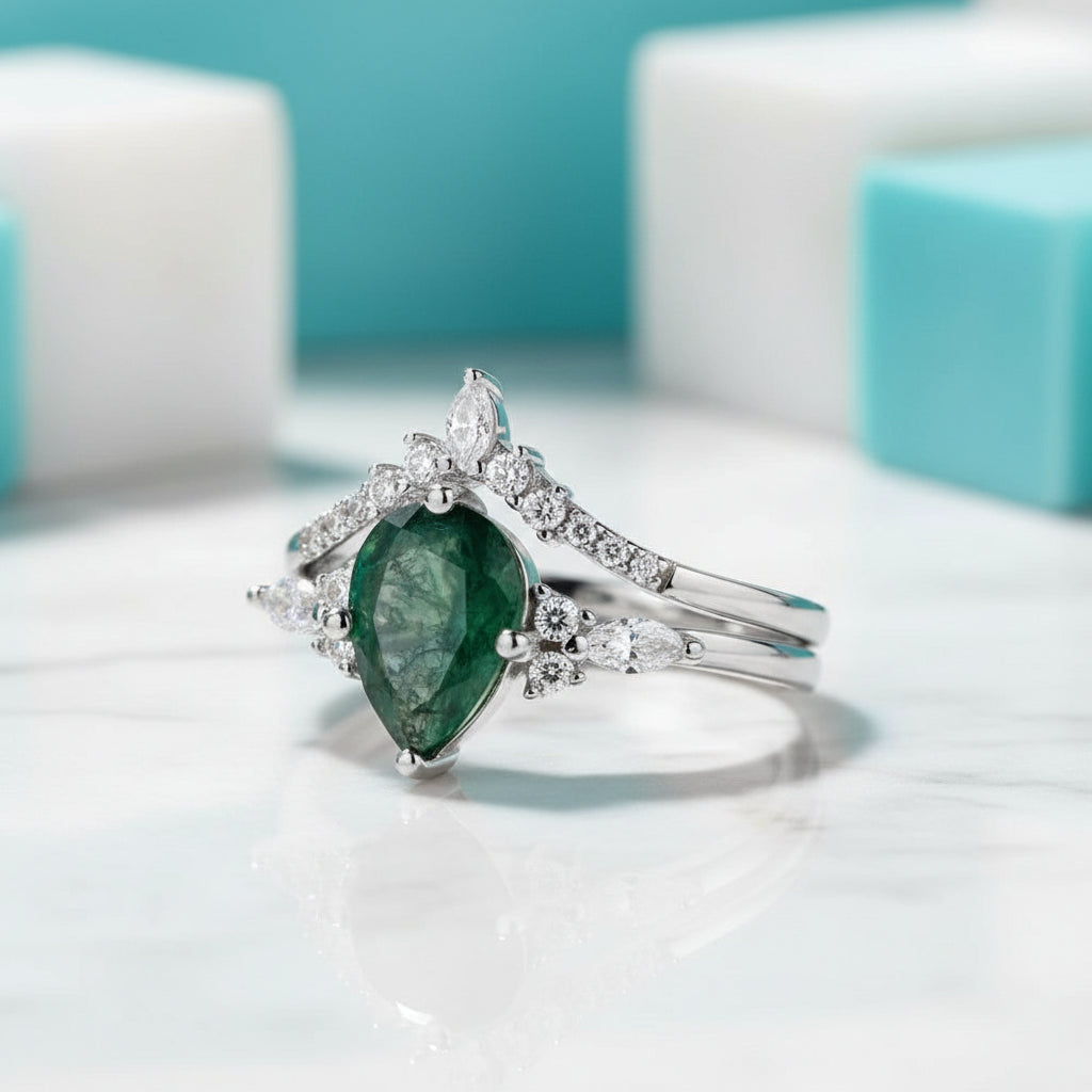 Woven Love- Kite Cut Natural Unique Moss Agate Ring in White Gold-Evani Jewelry