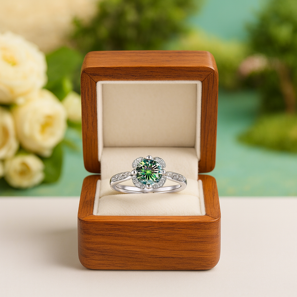 Silver ring with a green gemstone in a wooden box with white roses in the background