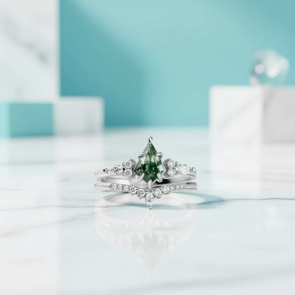 Woven Love- Kite Cut Natural Unique Moss Agate Ring in White Gold-Evani Jewelry