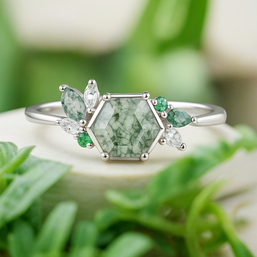 Silver ring with green gemstones on a natural background