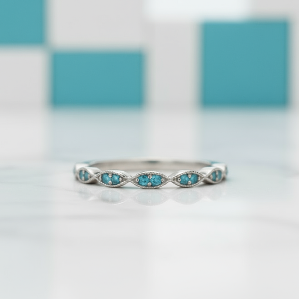 Scalloped Round Cut Aquamarine Stackable Wedding Band-Evani Jewelry