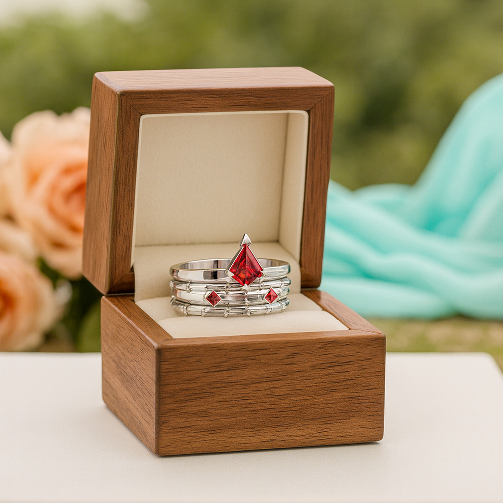 Stack of silver rings with red gemstones in a wooden box, with flowers and fabric in the background.
