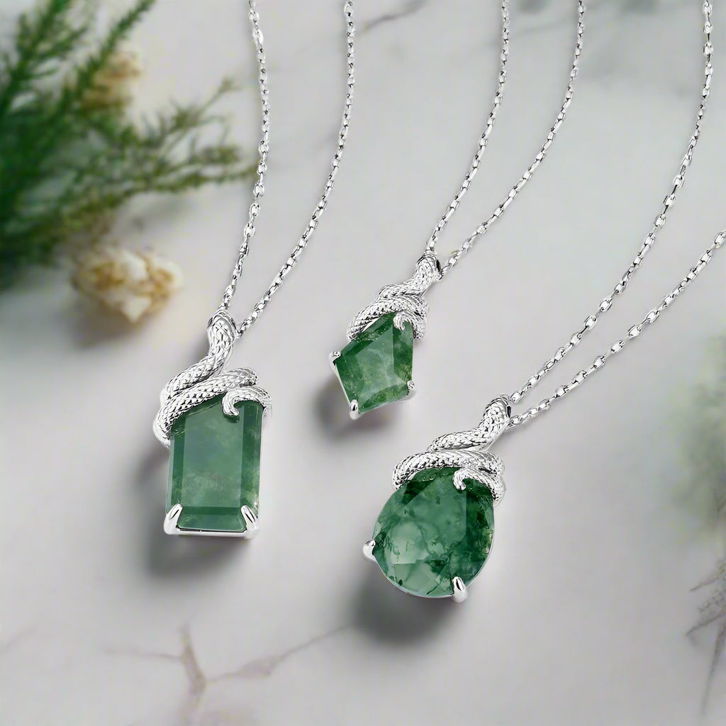 Steadfast Love- Snake Natural Moss Agate Pendant Necklace-Evani Naomi Jewelry