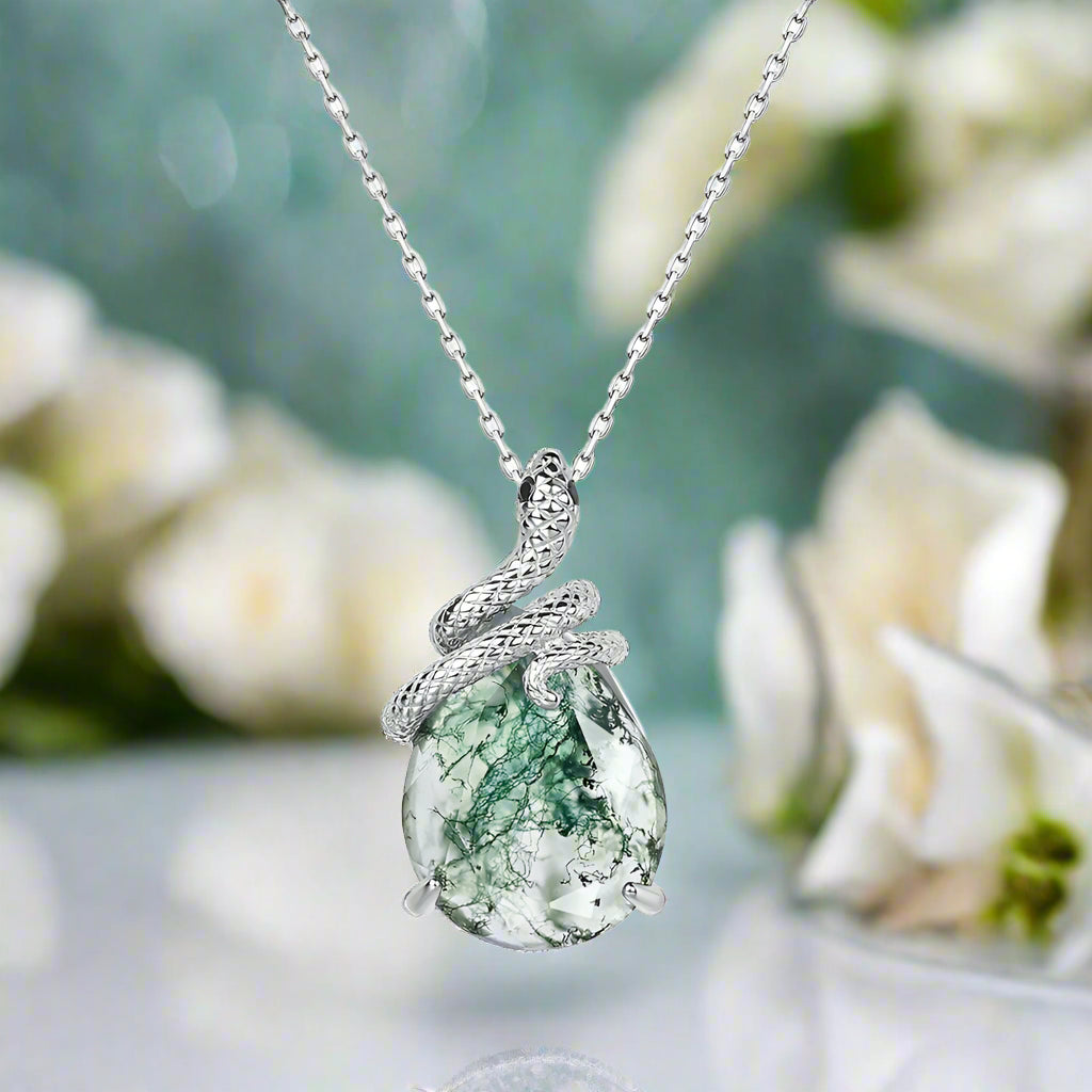 Steadfast Love- Snake Natural Moss Agate Pendant Necklace-Evani Naomi Jewelry