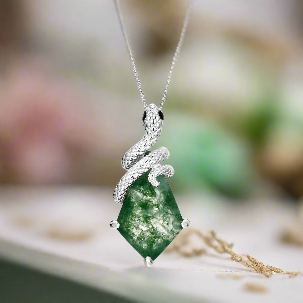 Steadfast Love- Snake Natural Moss Agate Pendant Necklace-Evani Naomi Jewelry
