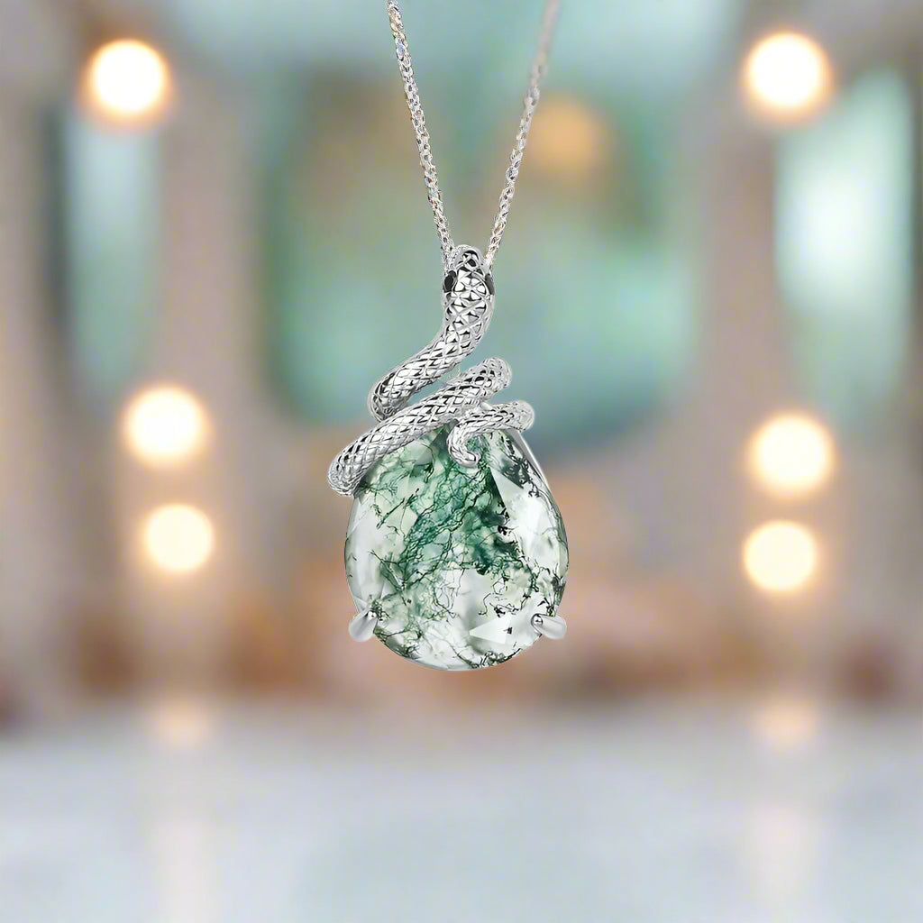Steadfast Love- Snake Natural Moss Agate Pendant Necklace-Evani Naomi Jewelry