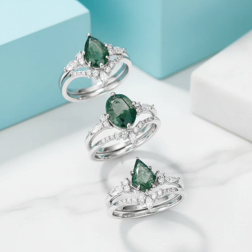 Woven Love- Kite Cut Natural Unique Moss Agate Ring in White Gold-Evani Jewelry