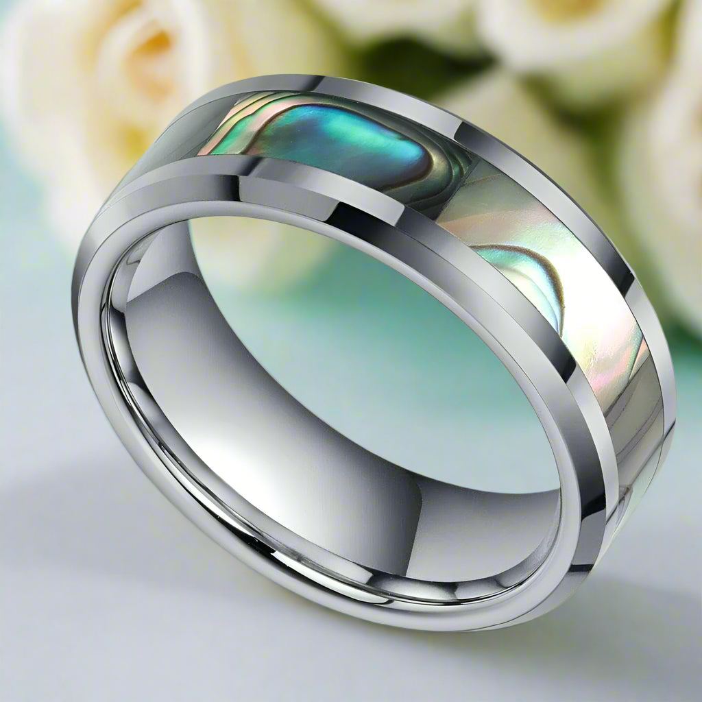 Tungsten Men's Wedding Band with Green Abalone Inlay - Evani Naomi Jewelry