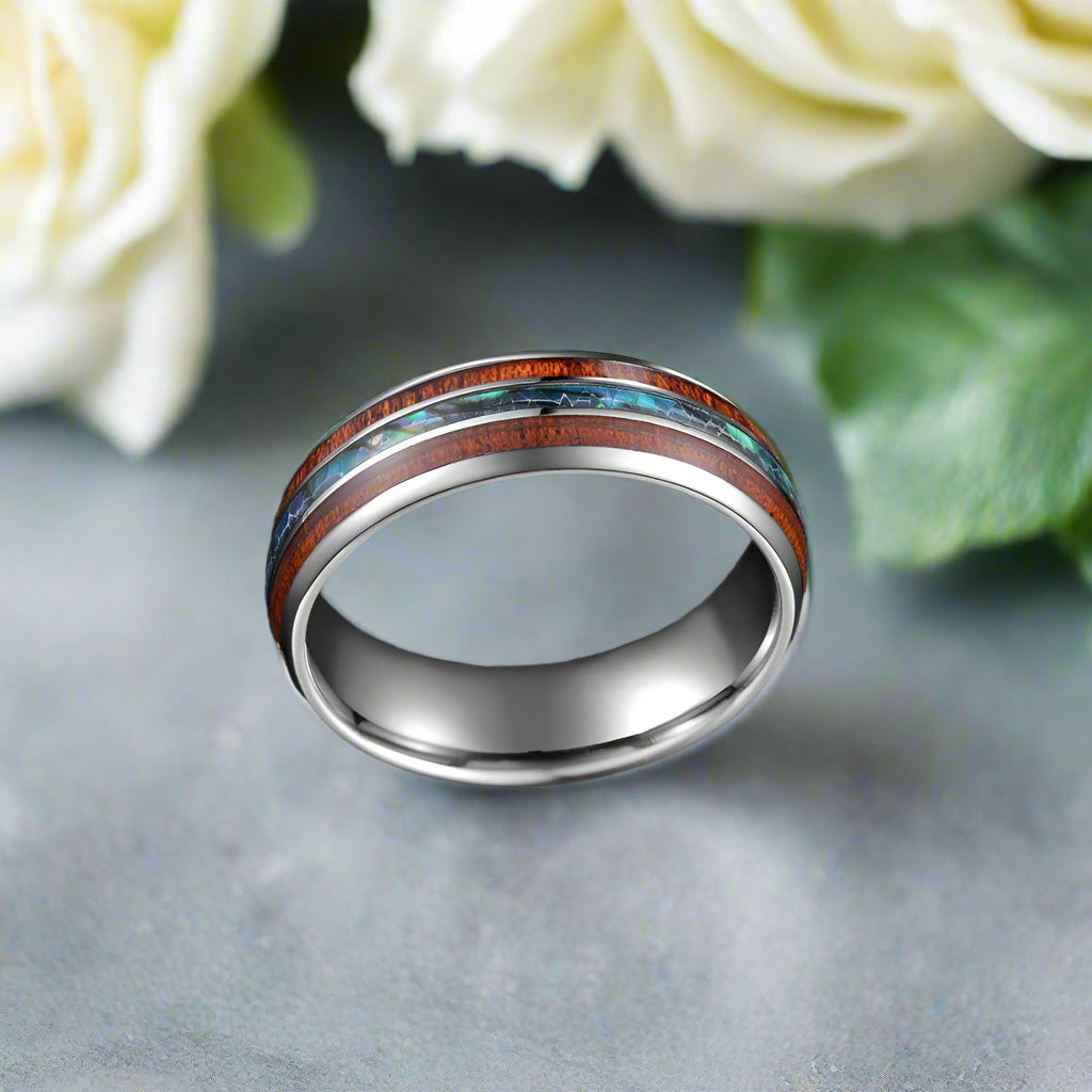 Tungsten Men's Wedding Band with Wood & Abalone Shell-Evani Naomi Jewelry