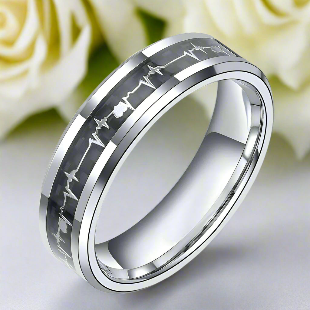 Tungsten Wedding Band with Carbon Fiber Cardiogram Inlay-Evani Naomi Jewelry