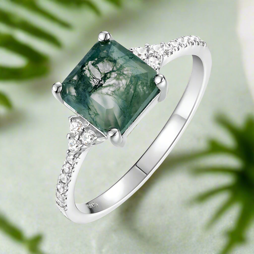 Twilight's Promise- Natural Princess Cut Moss Agate Ring-Evani Naomi Jewelry
