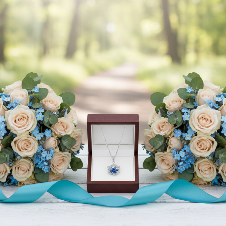 Two flower bouquets with a necklace in a box on a wooden bench in a forest setting.