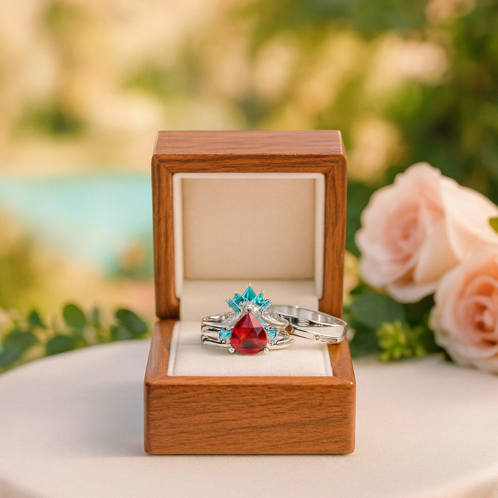 Two rings with gemstones in a wooden box with a blurred floral background
