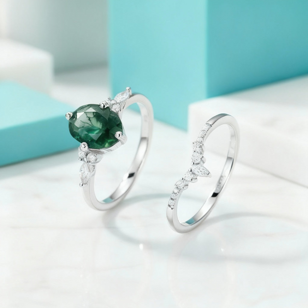 Woven Love- Kite Cut Natural Unique Moss Agate Ring in White Gold-Evani Jewelry