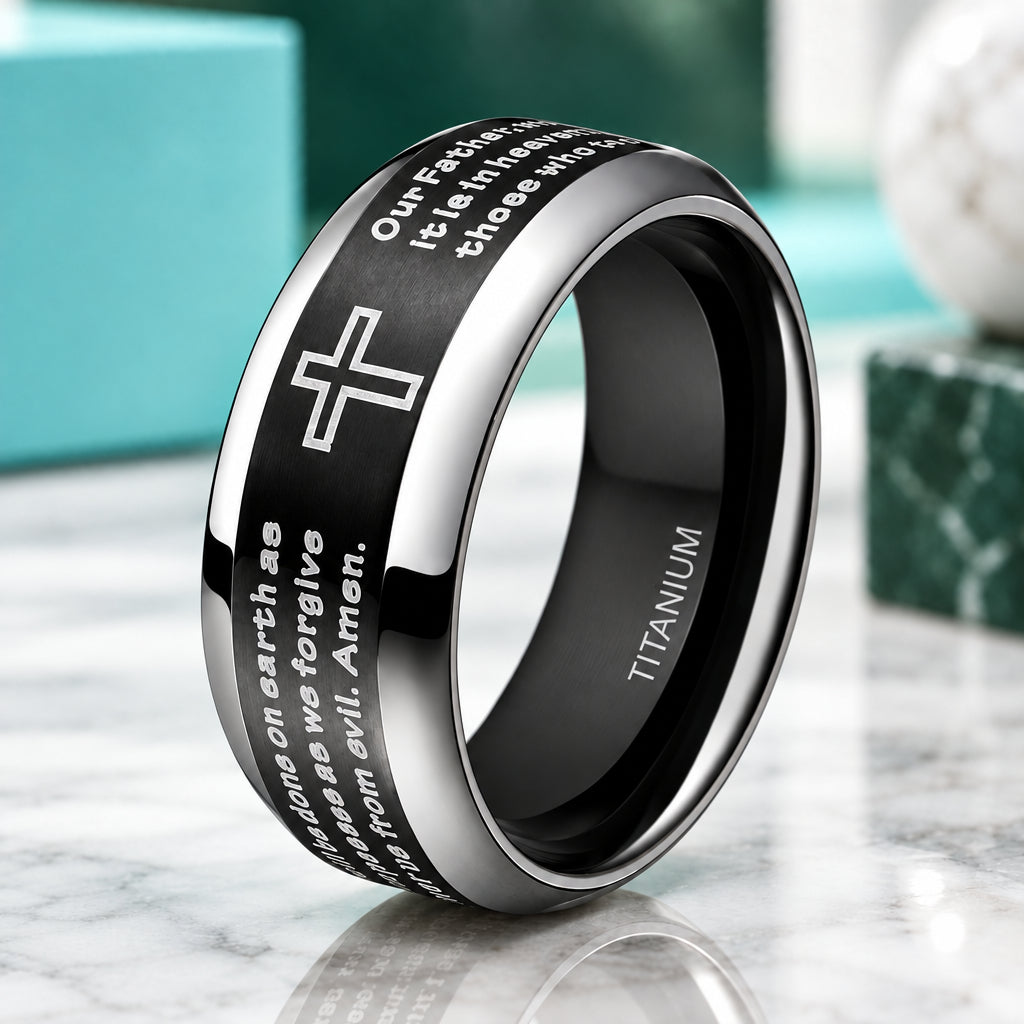 Unisex Black Titanium Wedding Band with Bible Verse-Evani Jewelry