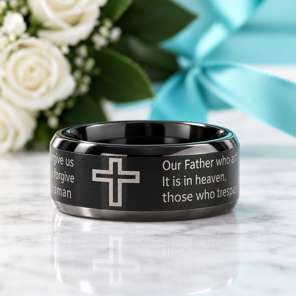 Unisex Black Titanium Wedding Band with Bible Verse-Evani Jewelry