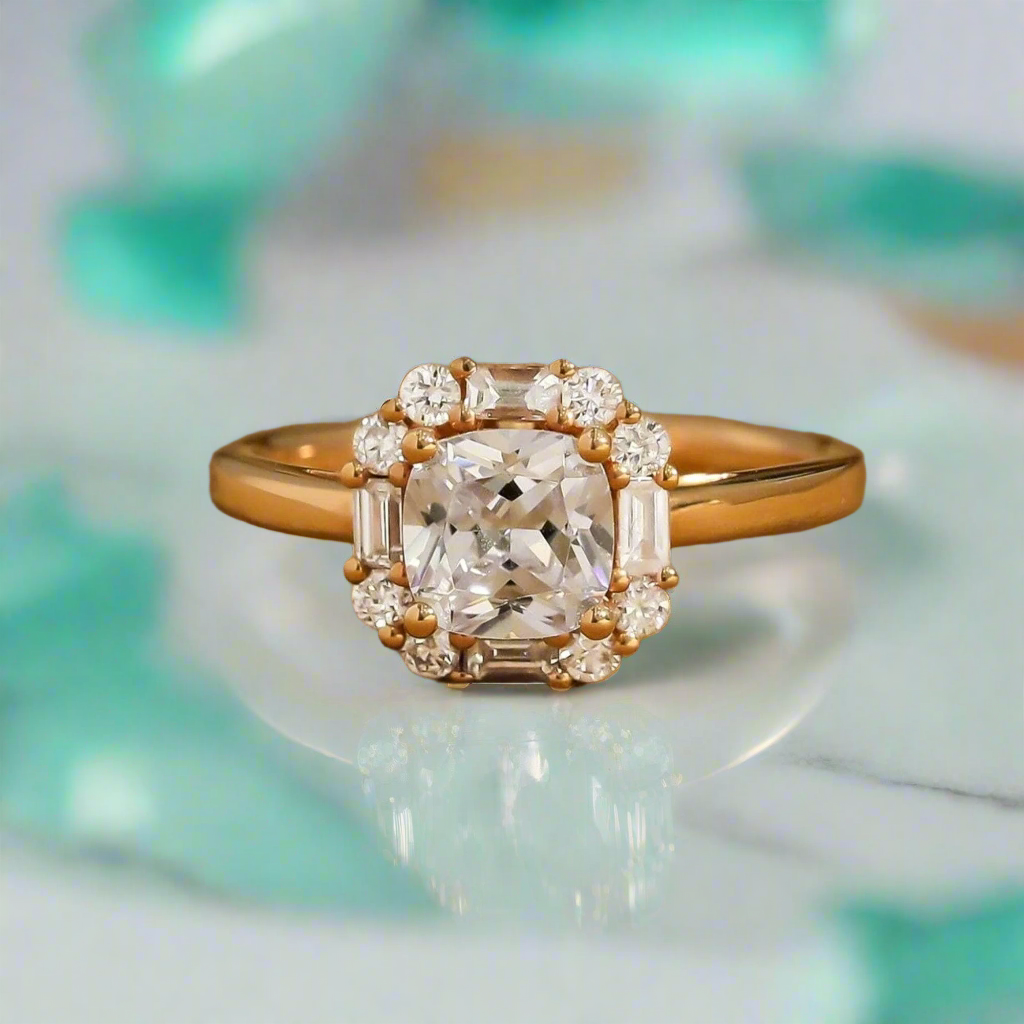 Vintage 18k Yellow Gold Diamond Halo Engagement Ring-Evani Naomi Jewelry