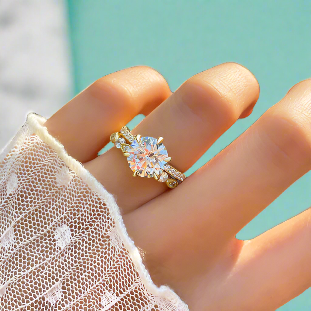 Vintage 2.5ct 6 Prong Round Cut Yellow Gold Bridal Set-Evani Naomi Jewelry