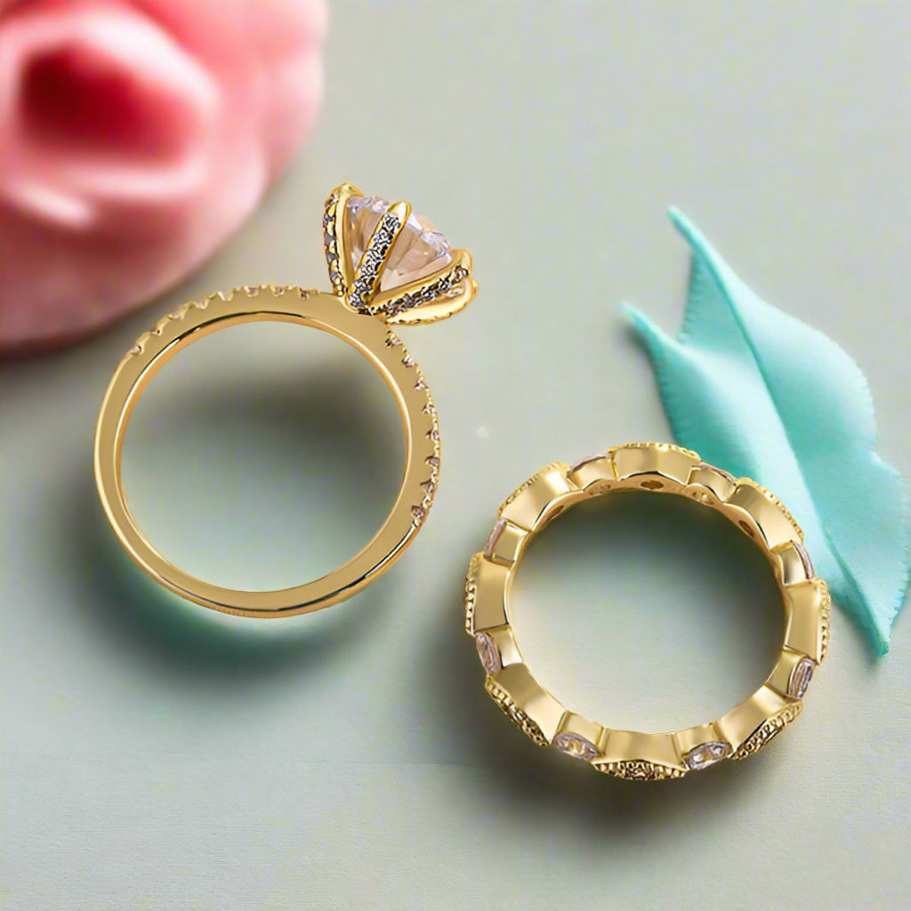 Vintage 2.5ct 6 Prong Round Cut Yellow Gold Bridal Set-Evani Naomi Jewelry