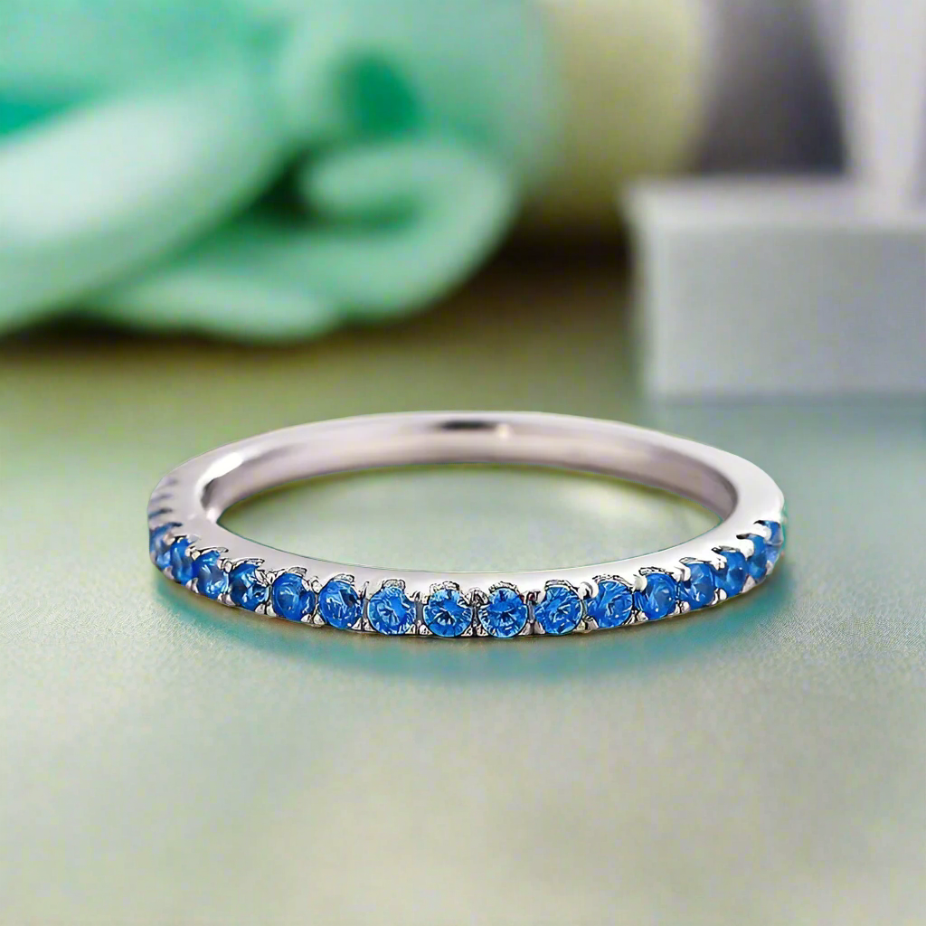 Vintage Art Deco Light Aquamarine Blue Half Eternity Wedding Band-Evani Naomi Jewelry