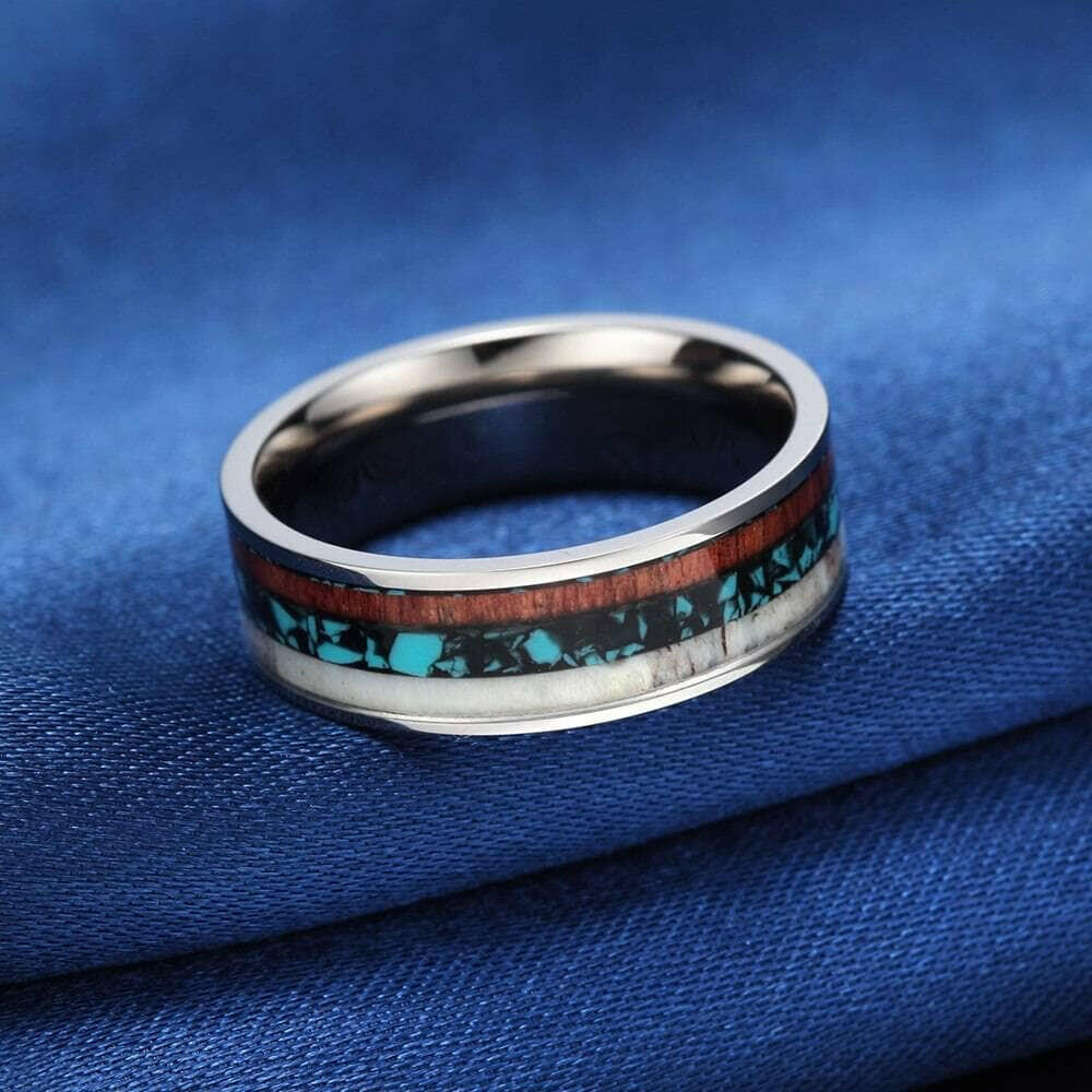 Vintage Unisex Titanium Wedding Band with Deer Antler & Wood Inlay-Evani Naomi Jewelry