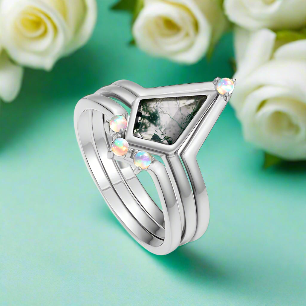 Whispers of Forever – Kite Shape Moss Agate & Opal Crown Promise Ring-Evani Naomi Jewelry