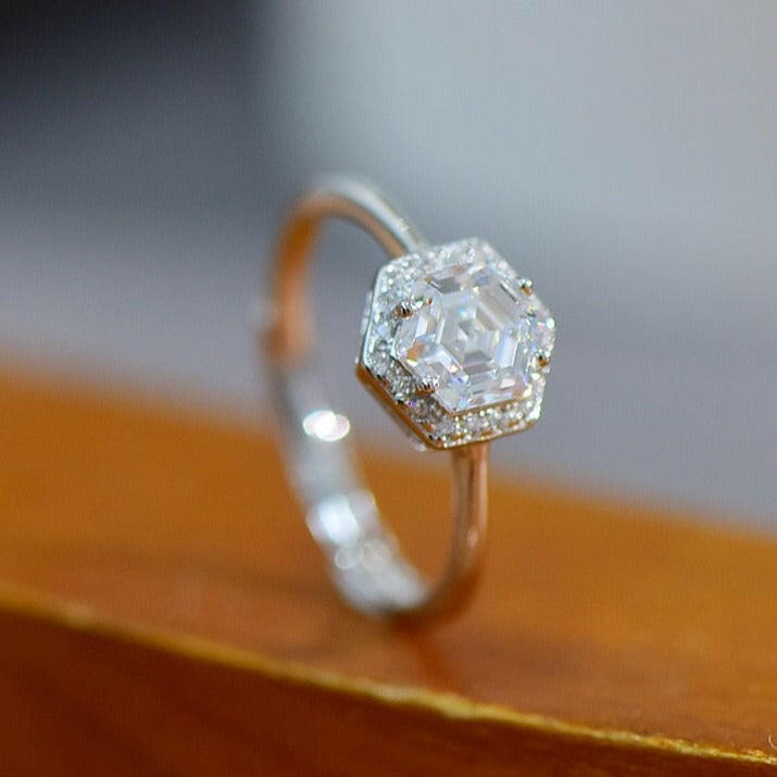 White Gold Hexagon Cut Diamond Engagement Ring-Evani Naomi Jewelry