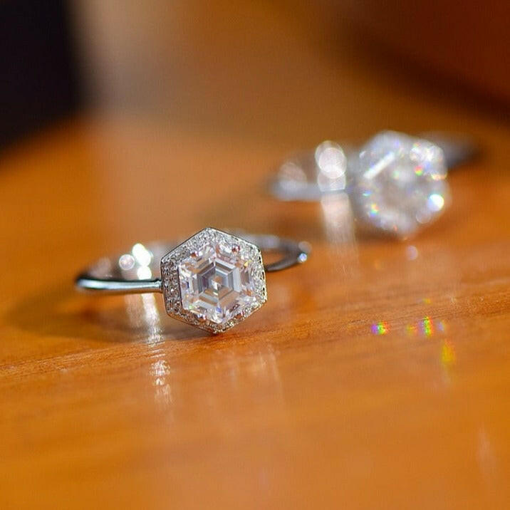 White Gold Hexagon Cut Diamond Engagement Ring-Evani Naomi Jewelry