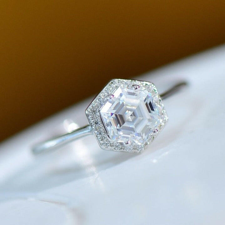 White Gold Hexagon Cut Diamond Engagement Ring-Evani Naomi Jewelry