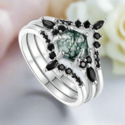 Wild and Forever Intertwined- Hexagon Shape Moss Agate Wedding Rings-Evani Naomi Jewelry
