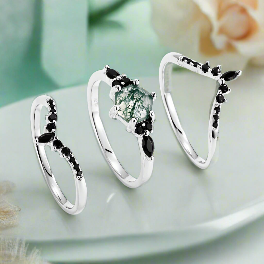 Wild and Forever Intertwined- Hexagon Shape Moss Agate Wedding Rings-Evani Naomi Jewelry