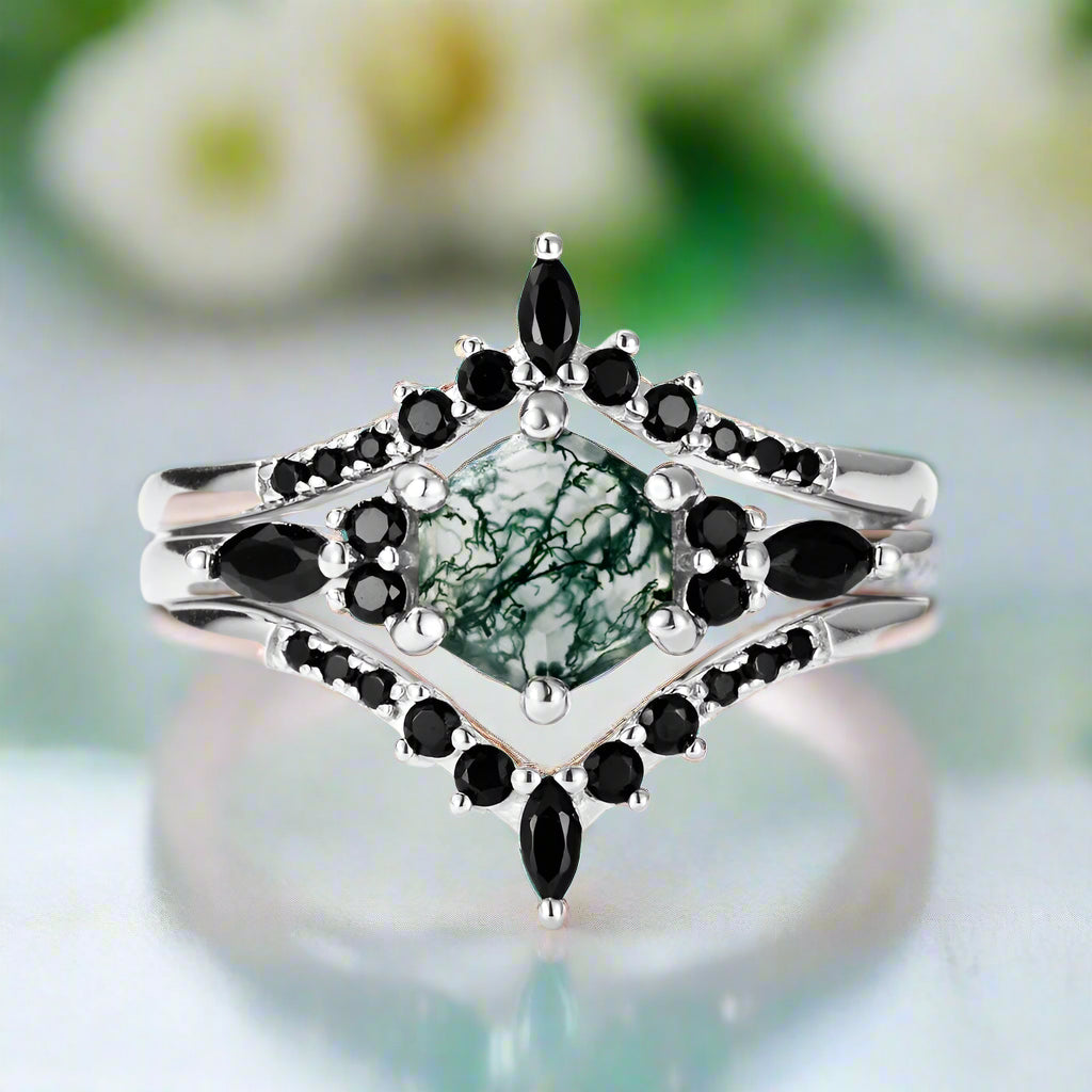Wild and Forever Intertwined- Hexagon Shape Moss Agate Wedding Rings-Evani Naomi Jewelry