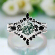 Wild and Forever Intertwined- Hexagon Shape Moss Agate Wedding Rings-Evani Naomi Jewelry