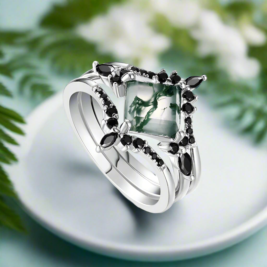 Wild and Forever Intertwined- Hexagon Shape Moss Agate Wedding Rings-Evani Naomi Jewelry